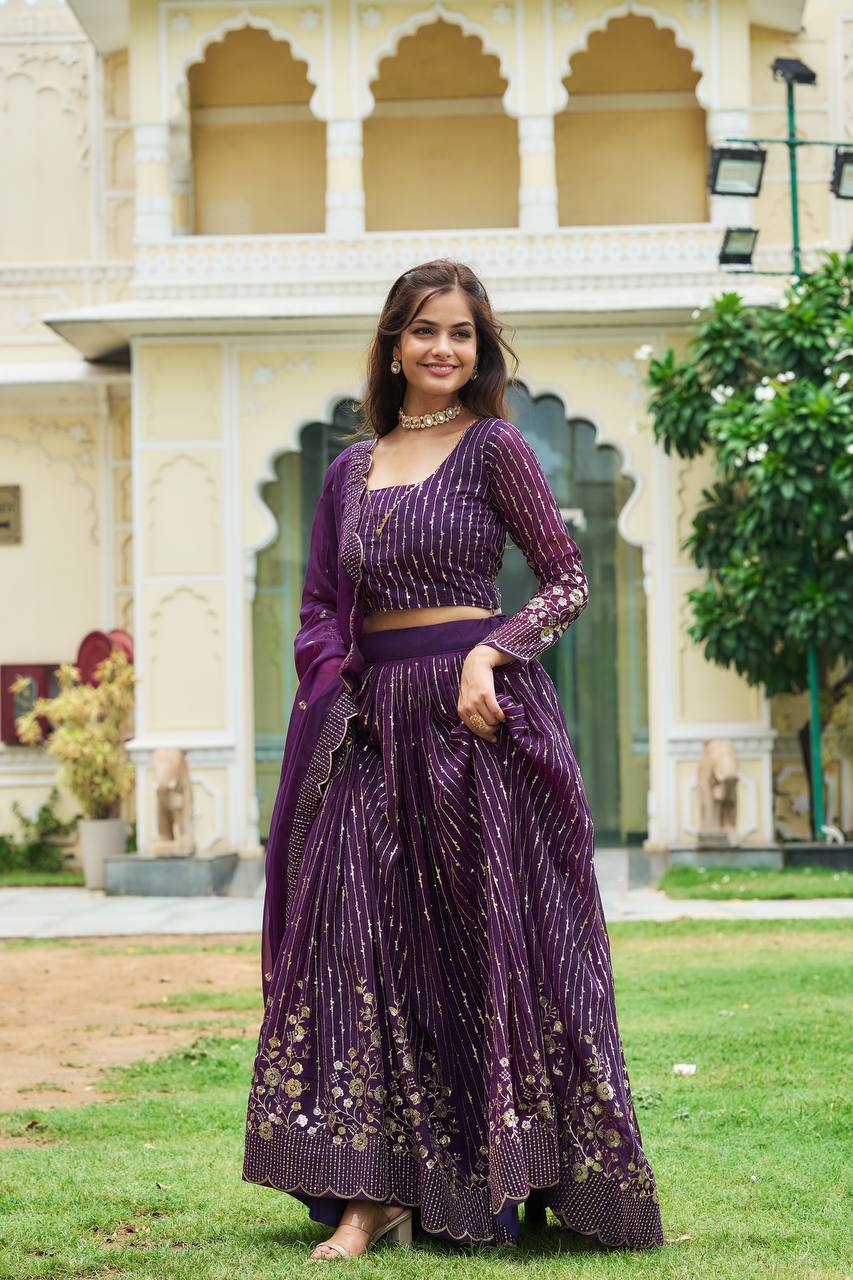 Divine Faux Georgette Sequins Embroidered Lehenga Choli