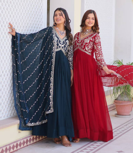 Fabulous Faux Georgette Heavy Sequins Embroidered Gown With Dupatta