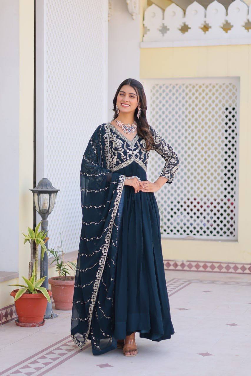 Fabulous Faux Georgette Heavy Sequins Embroidered Gown With Dupatta