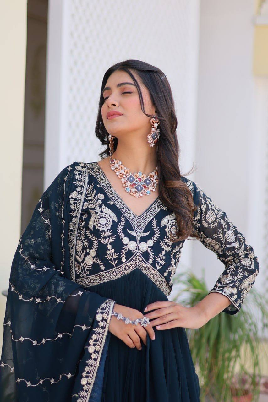 Fabulous Faux Georgette Heavy Sequins Embroidered Gown With Dupatta