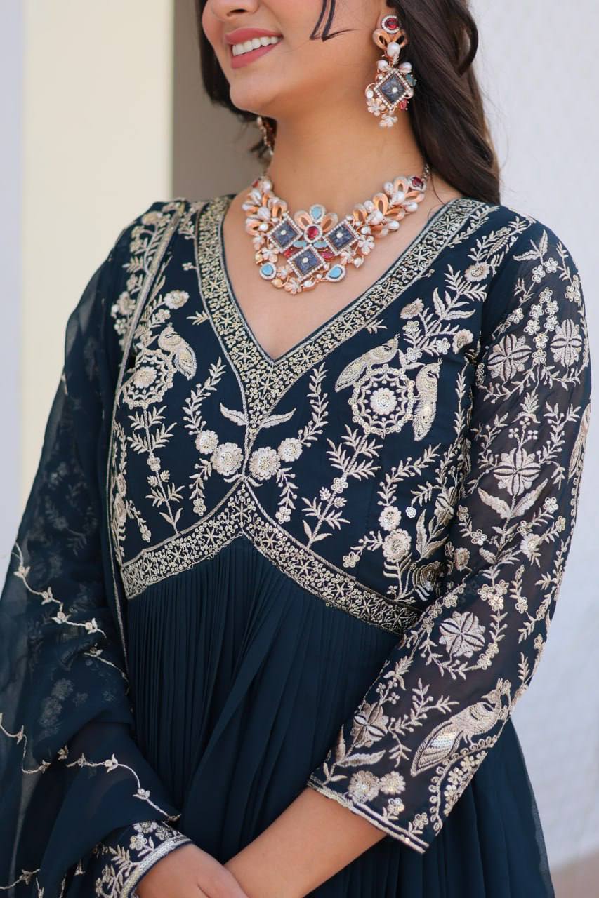 Fabulous Faux Georgette Heavy Sequins Embroidered Gown With Dupatta