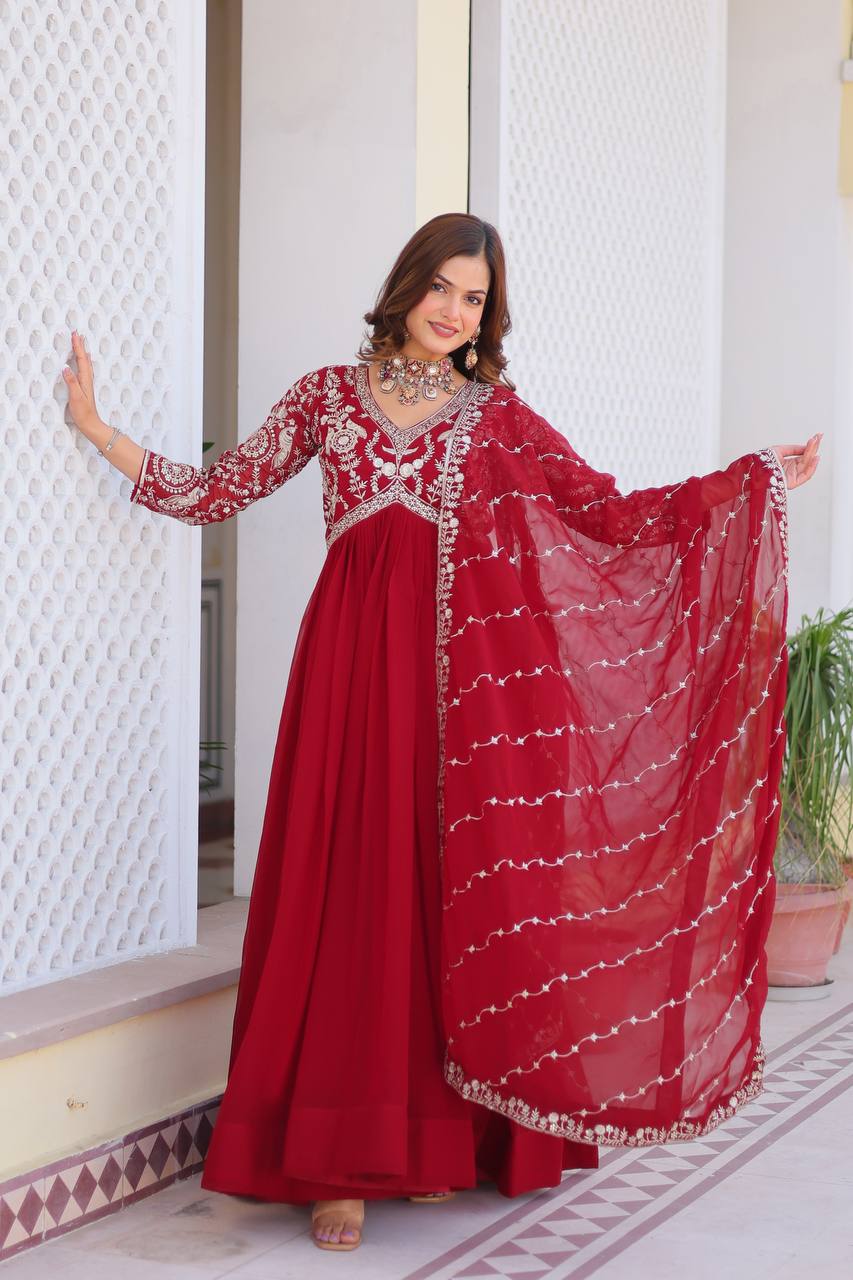 Fabulous Faux Georgette Heavy Sequins Embroidered Gown With Dupatta