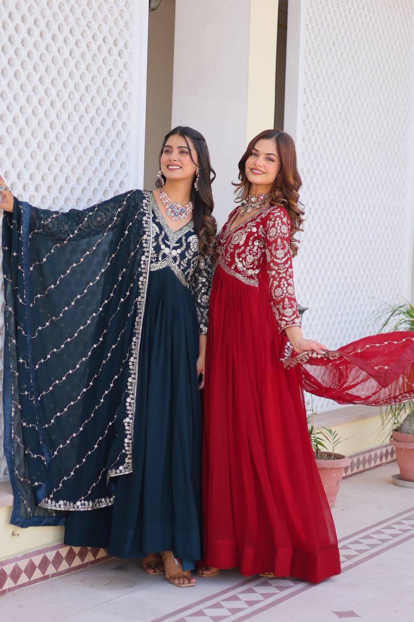 Fabulous Faux Georgette Heavy Sequins Embroidered Gown With Dupatta