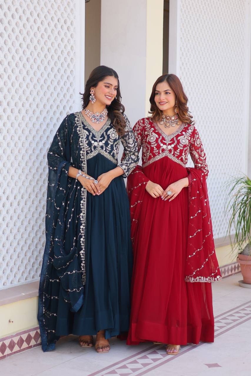 Fabulous Faux Georgette Heavy Sequins Embroidered Gown With Dupatta