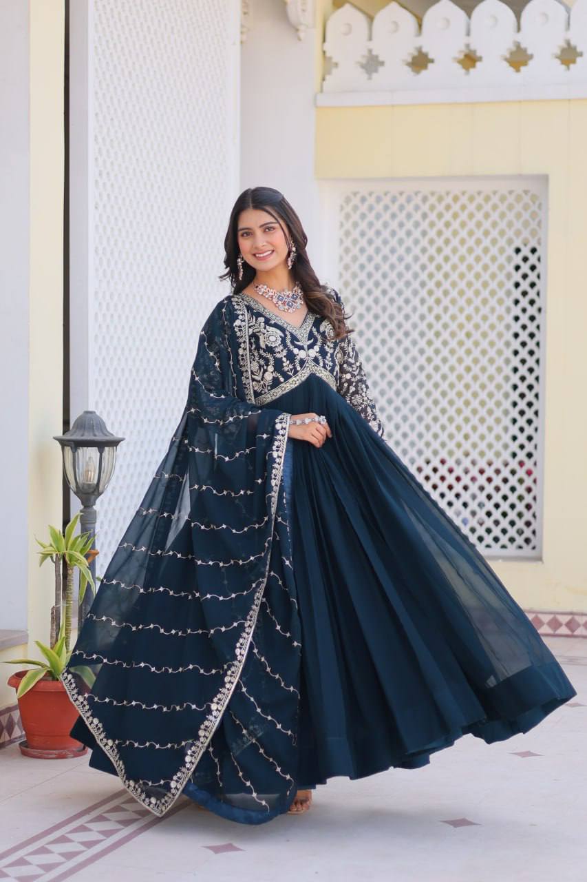 Fabulous Faux Georgette Heavy Sequins Embroidered Gown With Dupatta