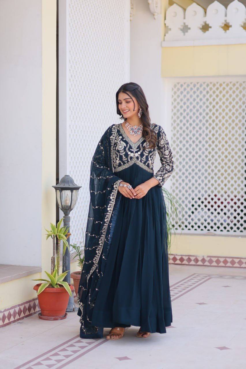 Fabulous Faux Georgette Heavy Sequins Embroidered Gown With Dupatta