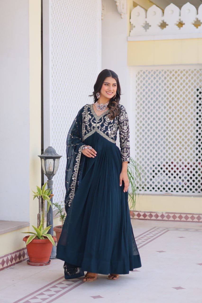 Fabulous Faux Georgette Heavy Sequins Embroidered Gown With Dupatta