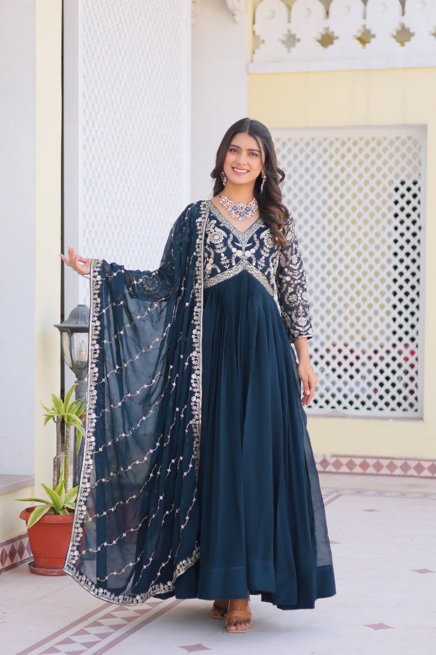 Fabulous Faux Georgette Heavy Sequins Embroidered Gown With Dupatta