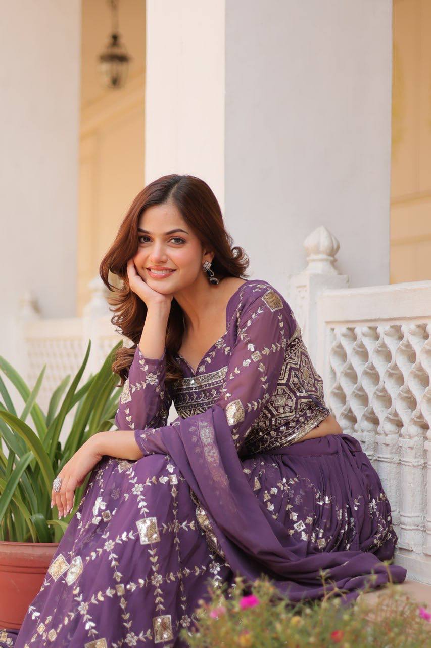 Heavy Faux Georgette Embroidered Lehenga Choli With Dori Latkan