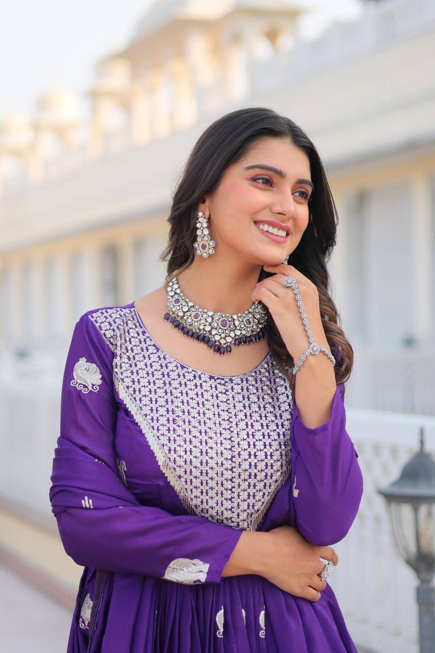 Pure Chinon Embroidered Gown with Heavy Sequin Work and Lace Border Dupatta