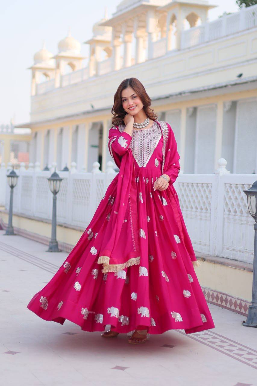 Pure Chinon Embroidered Gown with Heavy Sequin Work and Lace Border Dupatta