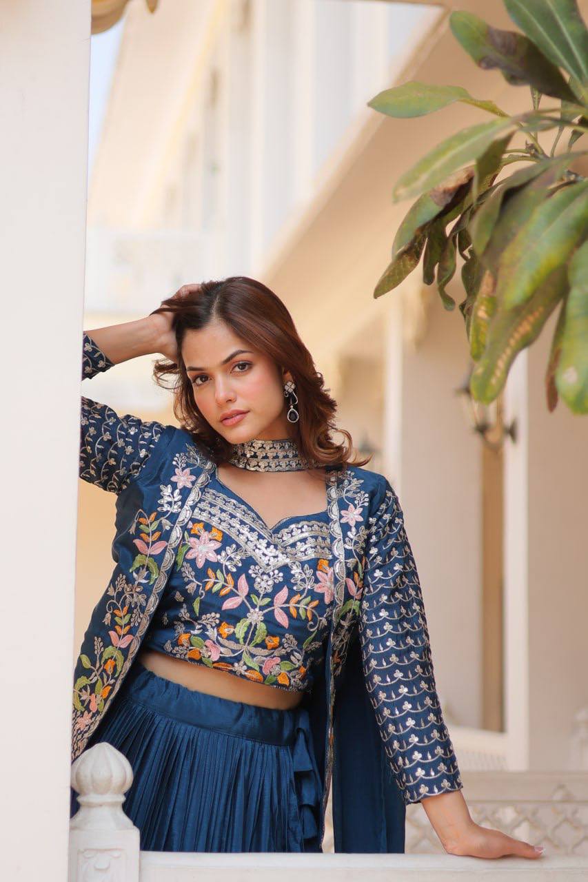 Pure Chinon Embroidered Lehenga Choli with Koti and Matching Dupatta