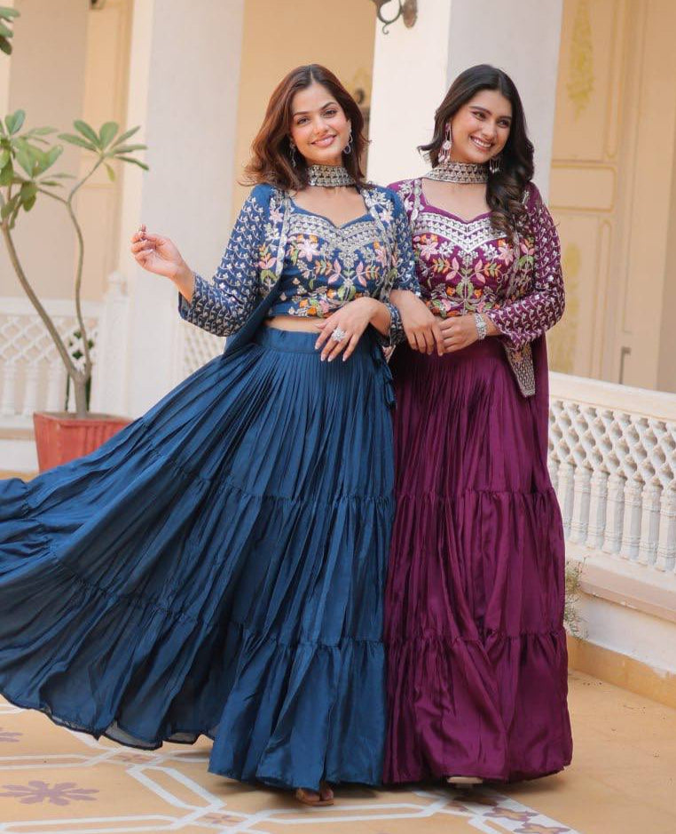 Pure Chinon Embroidered Lehenga Choli with Koti and Matching Dupatta