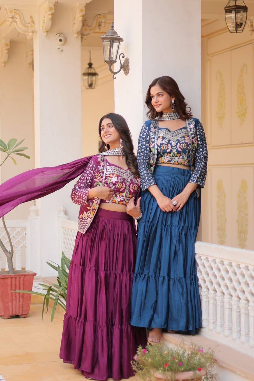 Pure Chinon Embroidered Lehenga Choli with Koti and Matching Dupatta