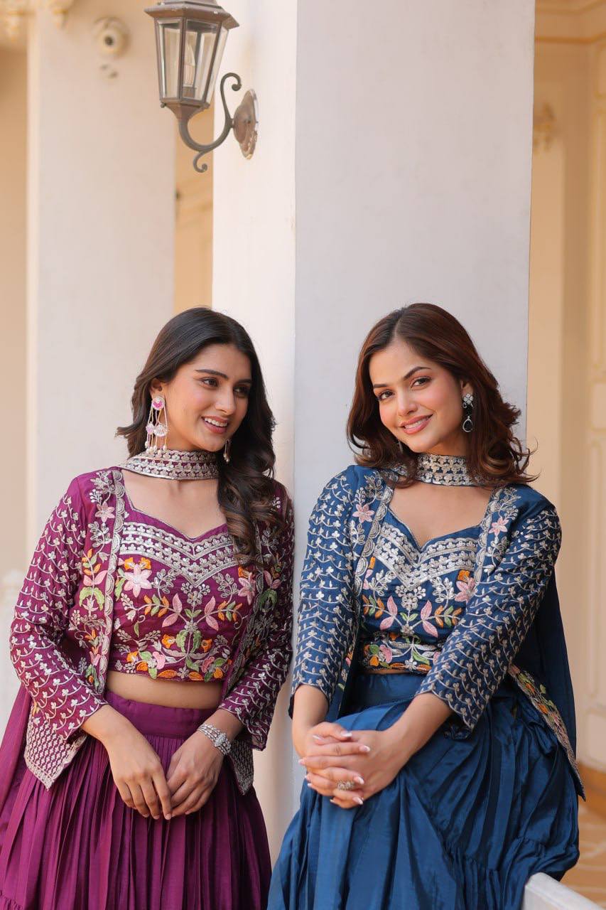 Pure Chinon Embroidered Lehenga Choli with Koti and Matching Dupatta