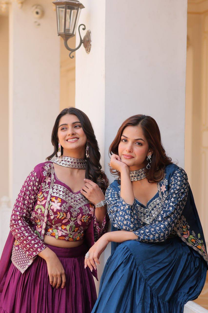 Pure Chinon Embroidered Lehenga Choli with Koti and Matching Dupatta
