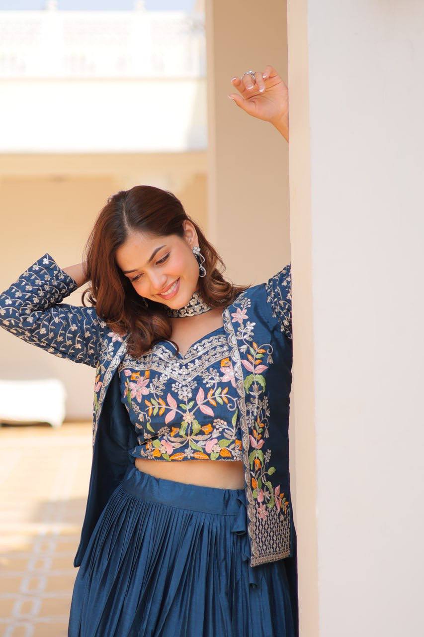 Pure Chinon Embroidered Lehenga Choli with Koti and Matching Dupatta