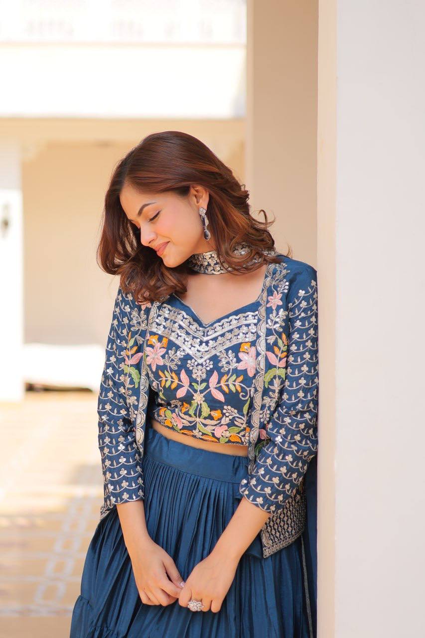 Pure Chinon Embroidered Lehenga Choli with Koti and Matching Dupatta