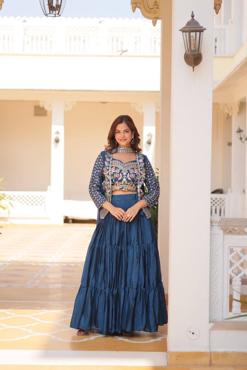 Pure Chinon Embroidered Lehenga Choli with Koti and Matching Dupatta