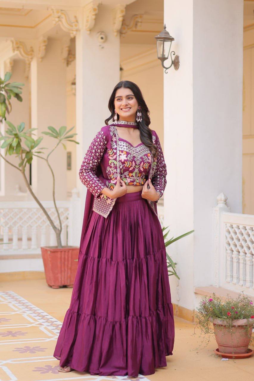 Pure Chinon Embroidered Lehenga Choli with Koti and Matching Dupatta