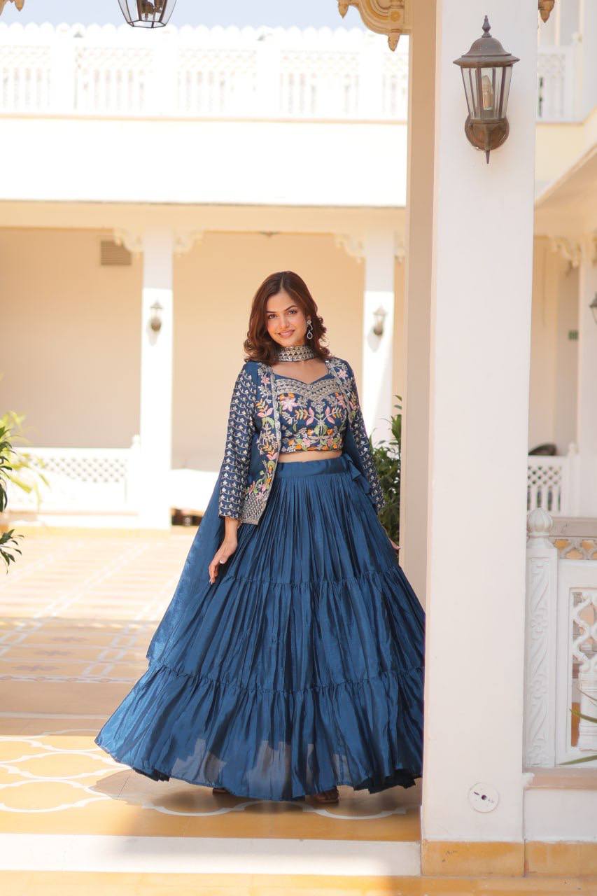 Pure Chinon Embroidered Lehenga Choli with Koti and Matching Dupatta