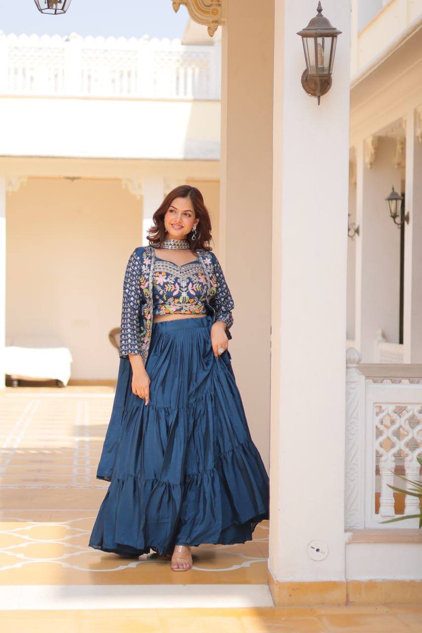 Pure Chinon Embroidered Lehenga Choli with Koti and Matching Dupatta