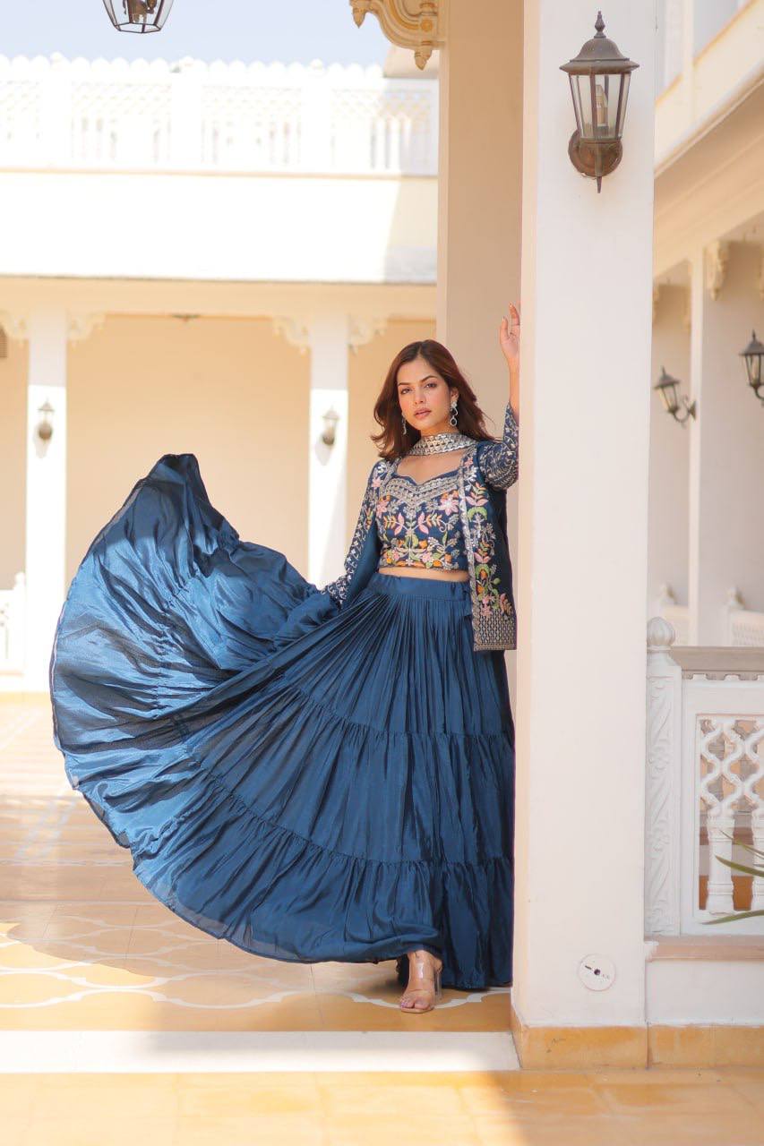 Pure Chinon Embroidered Lehenga Choli with Koti and Matching Dupatta