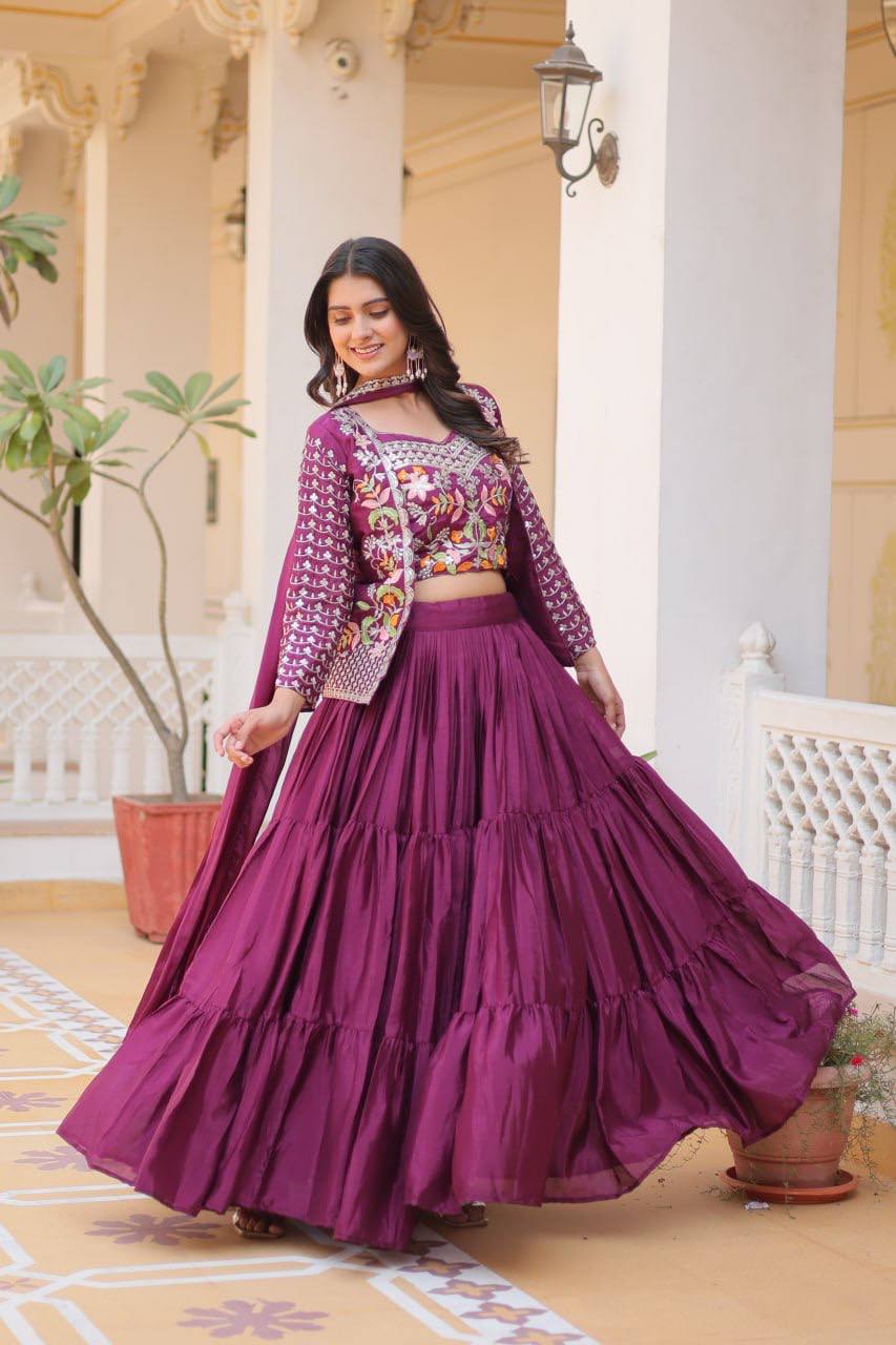 Pure Chinon Embroidered Lehenga Choli with Koti and Matching Dupatta