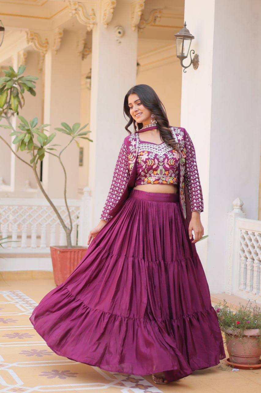 Pure Chinon Embroidered Lehenga Choli with Koti and Matching Dupatta