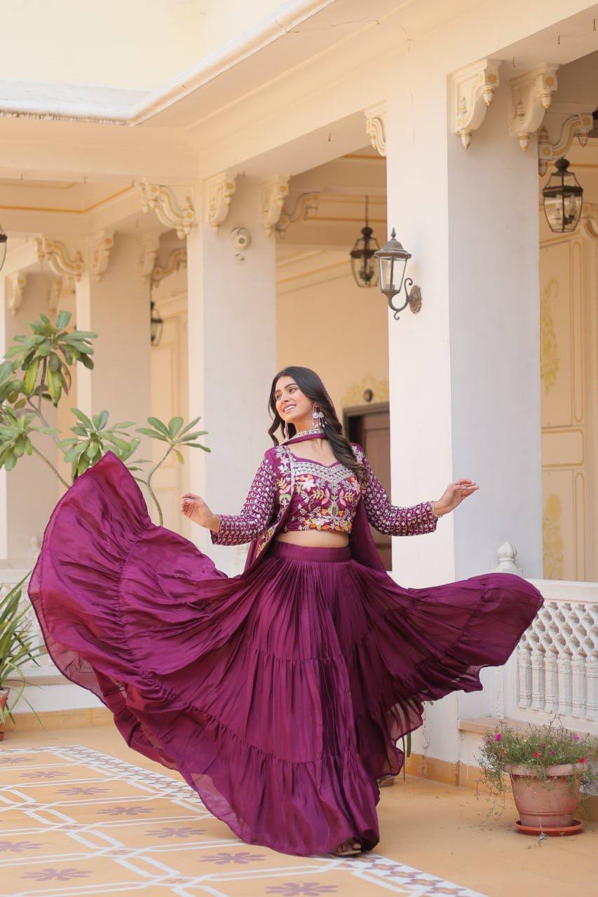 Pure Chinon Embroidered Lehenga Choli with Koti and Matching Dupatta