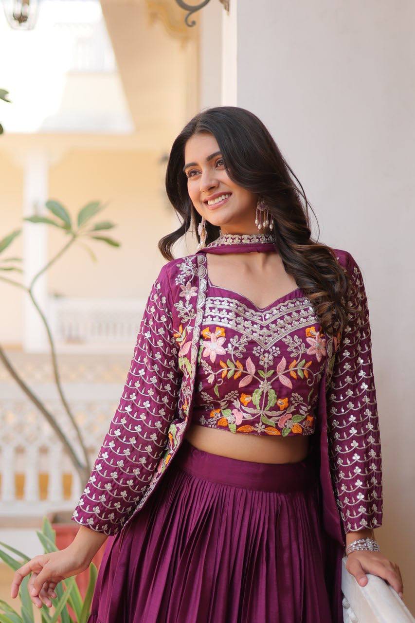 Pure Chinon Embroidered Lehenga Choli with Koti and Matching Dupatta