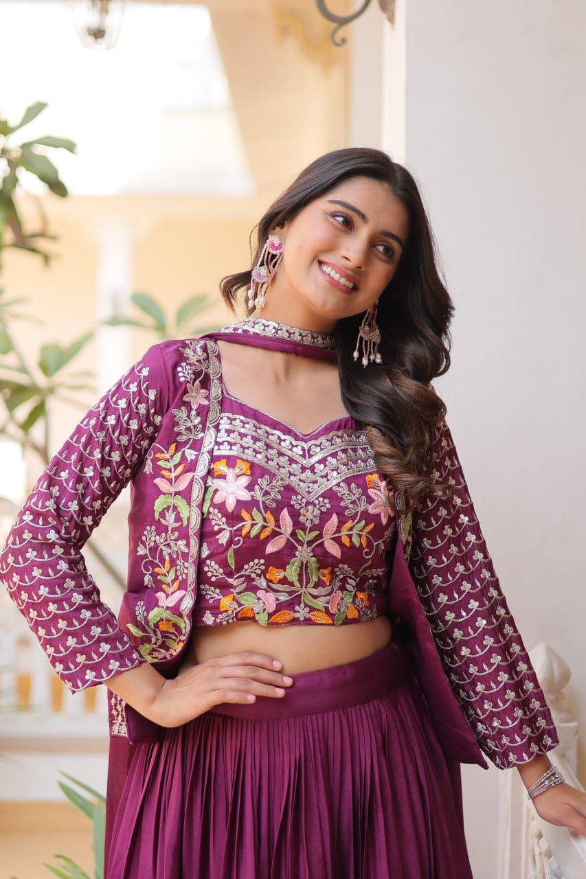 Pure Chinon Embroidered Lehenga Choli with Koti and Matching Dupatta