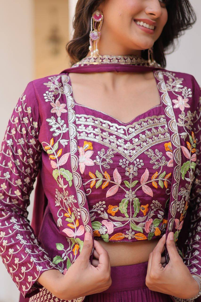 Pure Chinon Embroidered Lehenga Choli with Koti and Matching Dupatta
