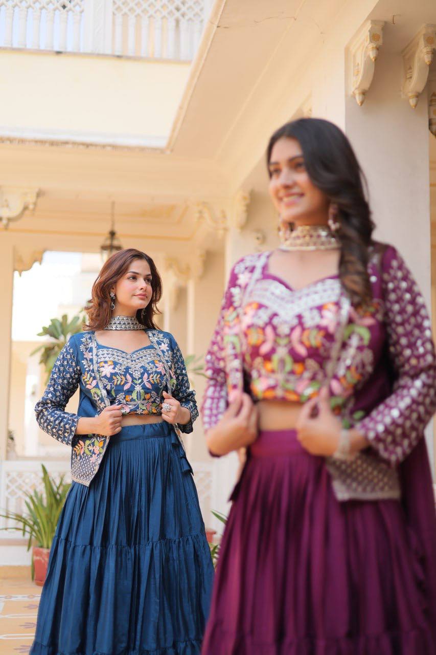 Pure Chinon Embroidered Lehenga Choli with Koti and Matching Dupatta