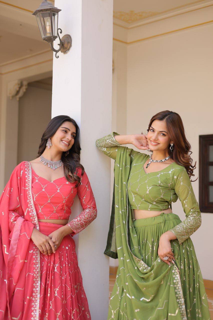 Alluring Faux Georgette Sequins Embroidered Lehenga Choli Set