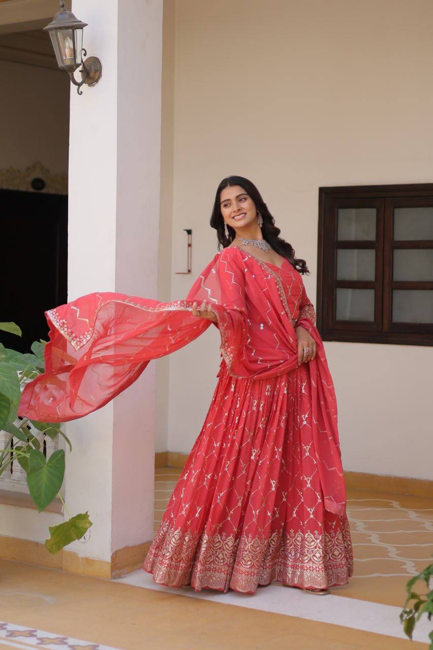 Alluring Faux Georgette Sequins Embroidered Lehenga Choli Set