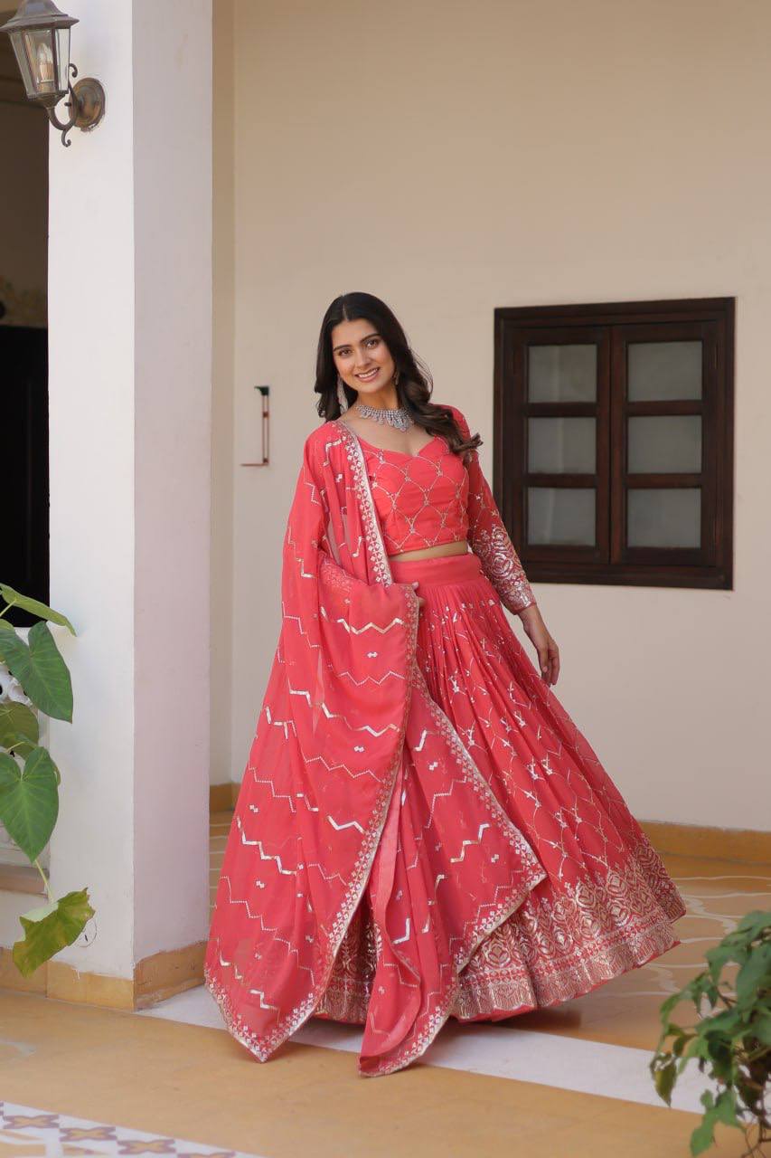 Alluring Faux Georgette Sequins Embroidered Lehenga Choli Set