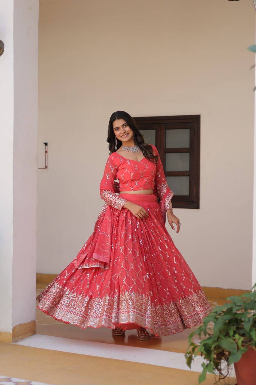Alluring Faux Georgette Sequins Embroidered Lehenga Choli Set