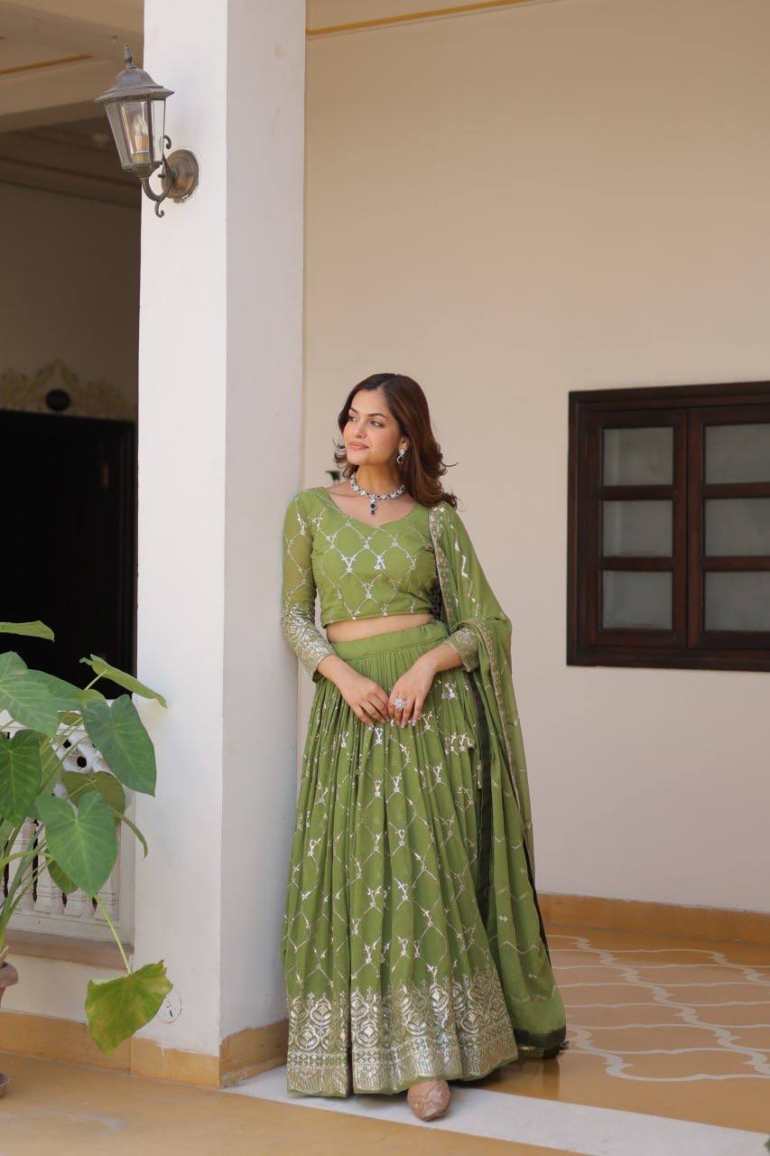 Alluring Faux Georgette Sequins Embroidered Lehenga Choli Set