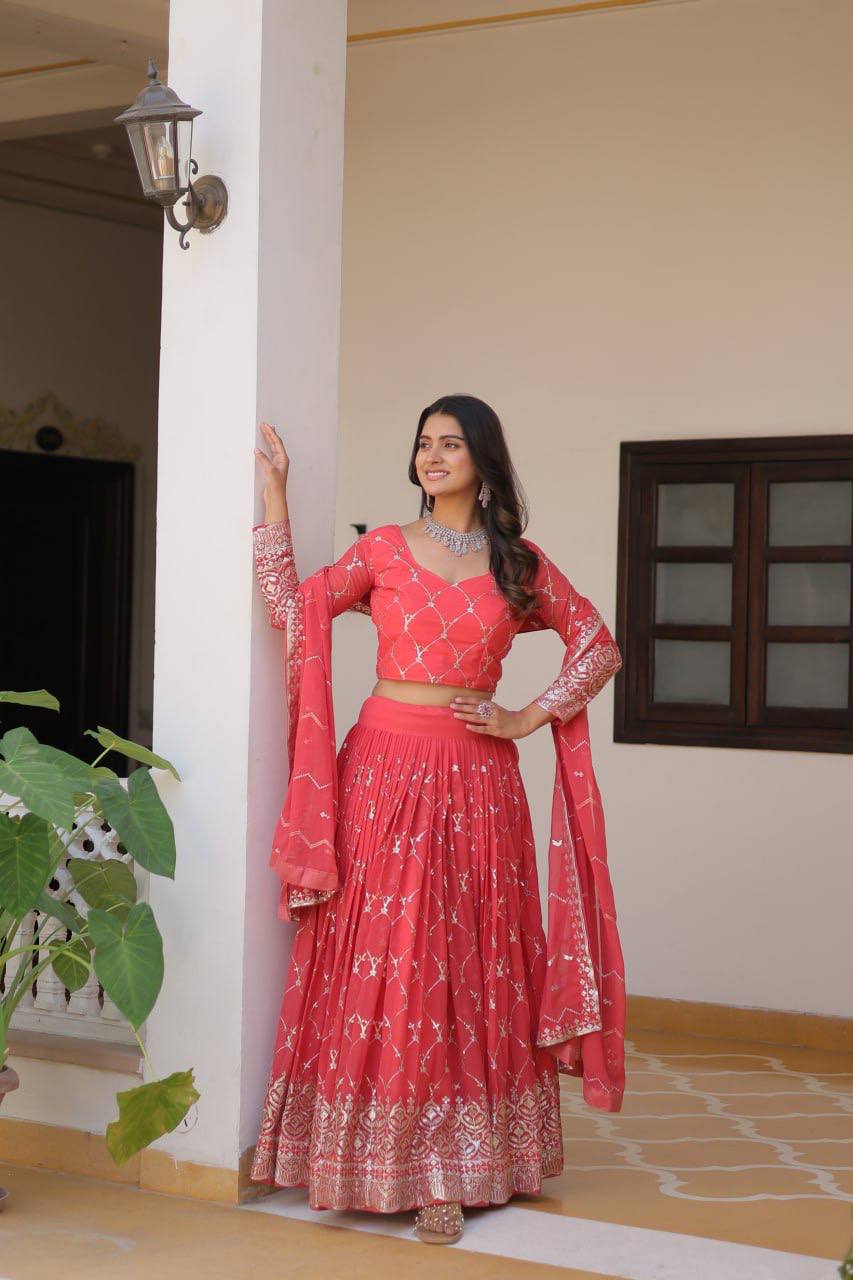 Alluring Faux Georgette Sequins Embroidered Lehenga Choli Set