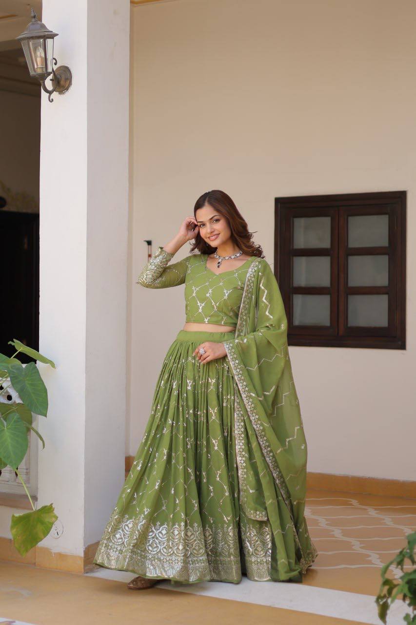 Alluring Faux Georgette Sequins Embroidered Lehenga Choli Set
