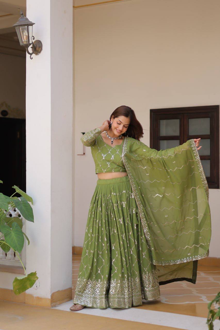 Alluring Faux Georgette Sequins Embroidered Lehenga Choli Set