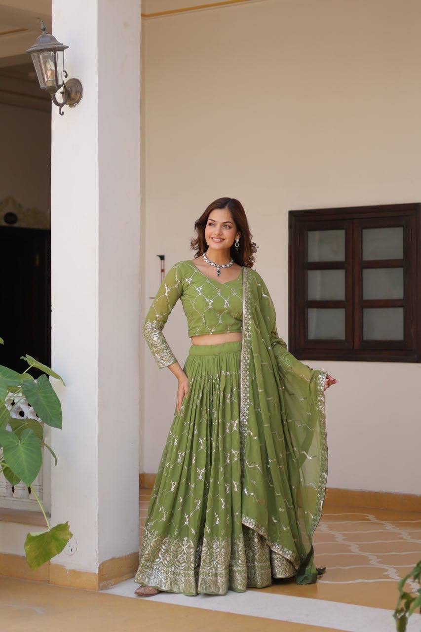 Alluring Faux Georgette Sequins Embroidered Lehenga Choli Set