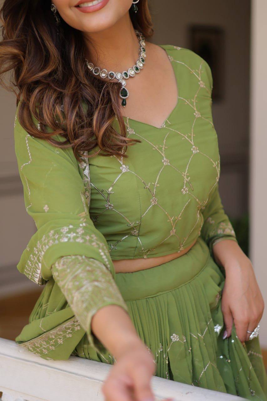 Alluring Faux Georgette Sequins Embroidered Lehenga Choli Set