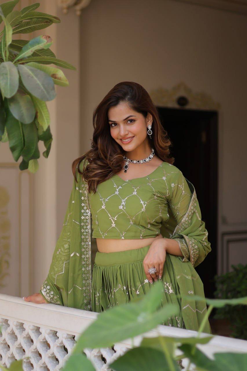 Alluring Faux Georgette Sequins Embroidered Lehenga Choli Set