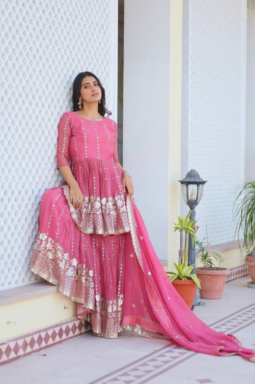 Elegant Pure Simmar Sharara Set with Heavy 3mm Sequence Embroidery Work