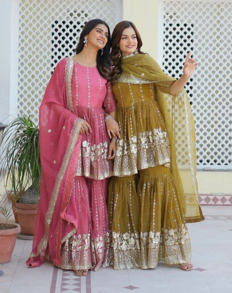 Elegant Pure Simmar Sharara Set with Heavy 3mm Sequence Embroidery Work