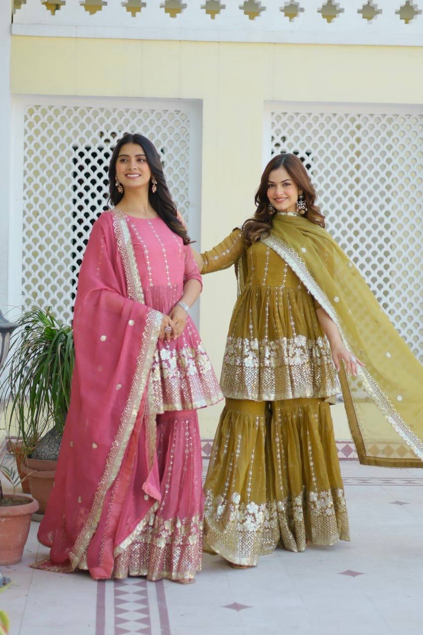 Elegant Pure Simmar Sharara Set with Heavy 3mm Sequence Embroidery Work