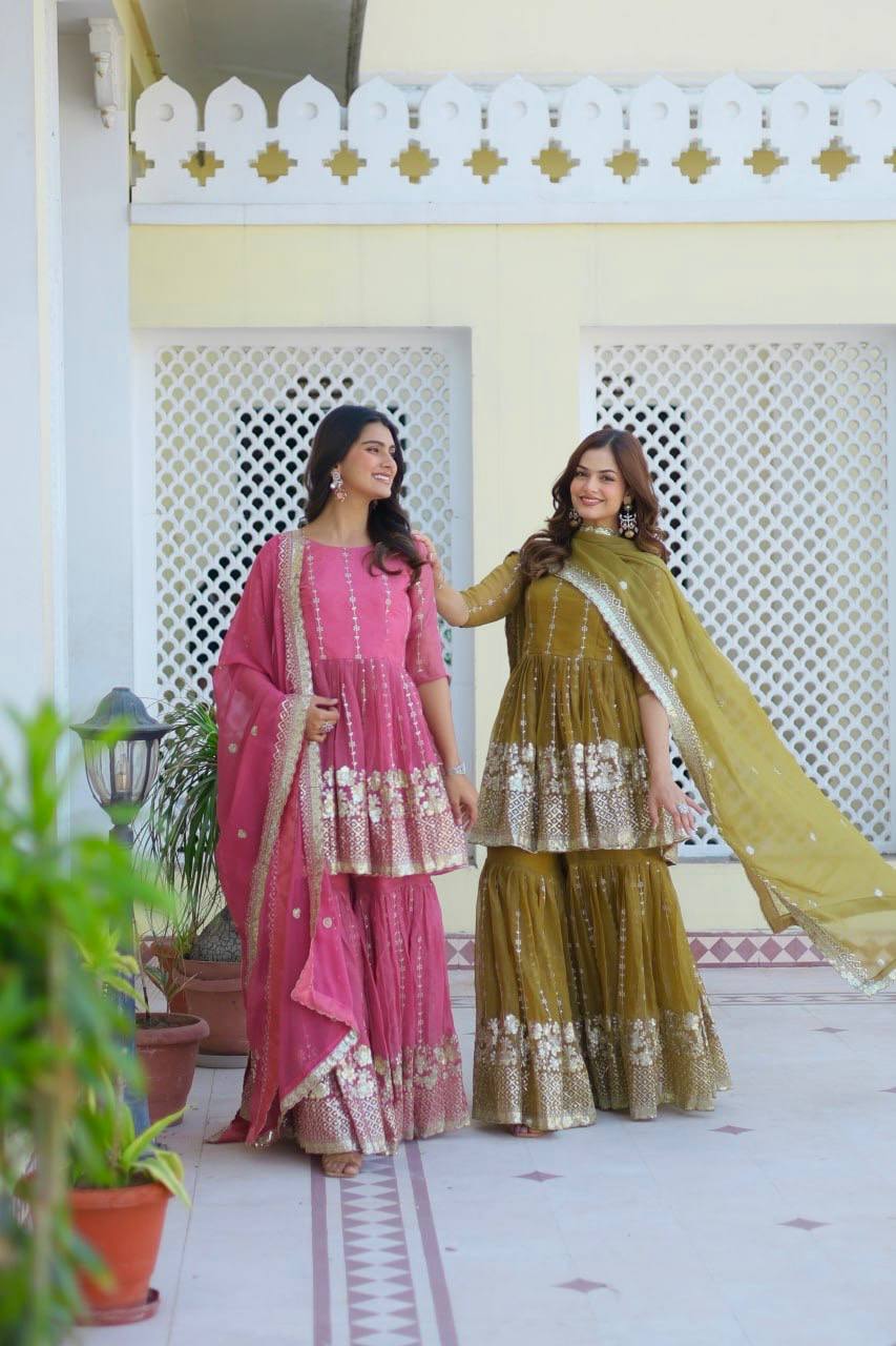 Elegant Pure Simmar Sharara Set with Heavy 3mm Sequence Embroidery Work