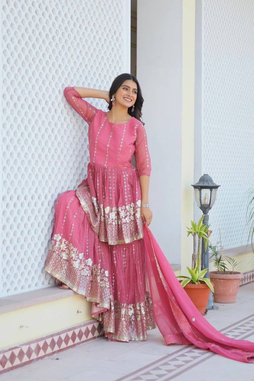 Elegant Pure Simmar Sharara Set with Heavy 3mm Sequence Embroidery Work